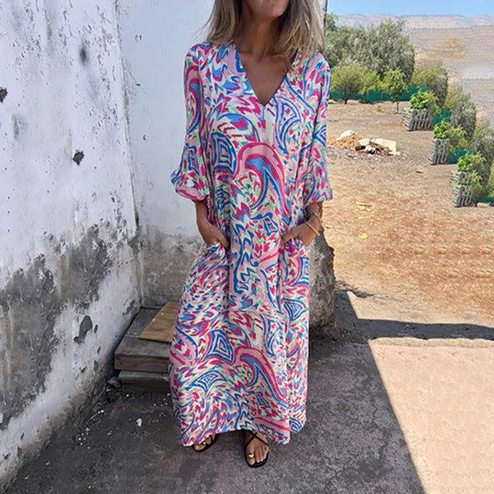 Lowri - Elegante Vestido Largo Con Cuello En V y Bolsillos