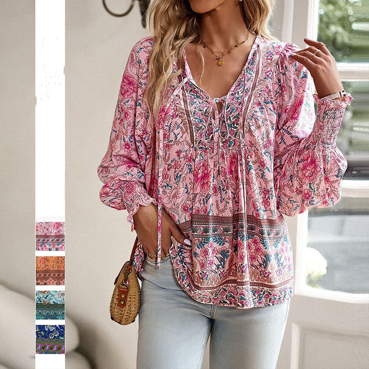 Katia - Camisa de Manga larga Con Cuello en V y Estampado a la Moda