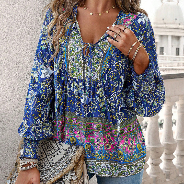 Katia - Camisa de Manga larga Con Cuello en V y Estampado a la Moda