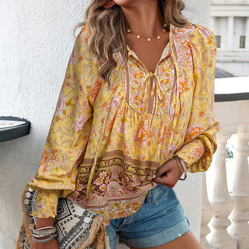 Katia - Camisa de Manga larga Con Cuello en V y Estampado a la Moda