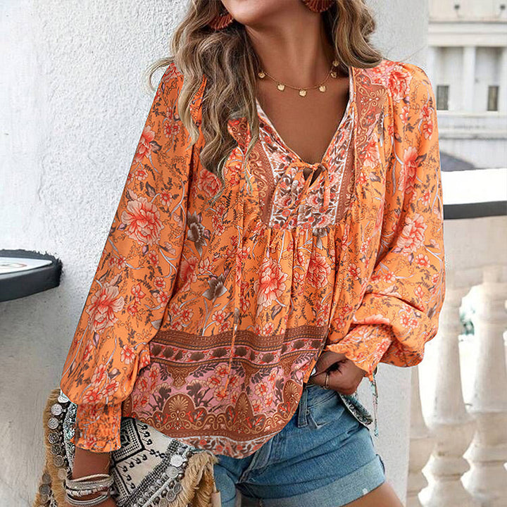 Katia - Camisa de Manga larga Con Cuello en V y Estampado a la Moda