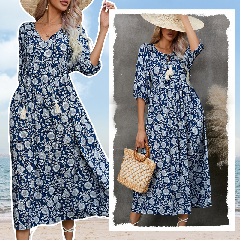 Quelina - Elegante Vestido Largo con Estampado Floral y Cuello en V