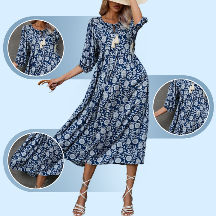 Quelina - Elegante Vestido Largo con Estampado Floral y Cuello en V