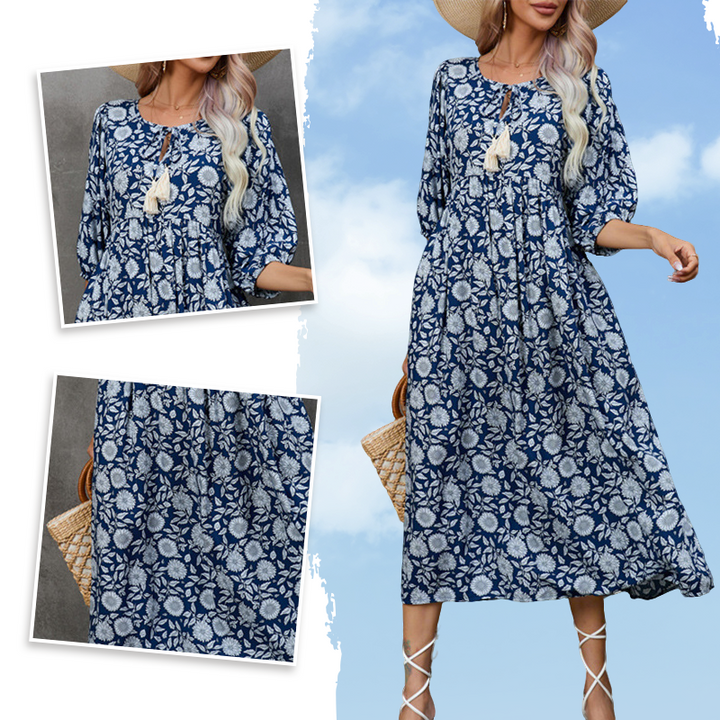 Quelina - Elegante Vestido Largo con Estampado Floral y Cuello en V