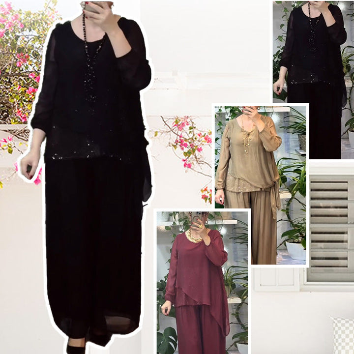 Quirinia - Conjunto de Blusa con Lentejuelas y Pantalones Anchos