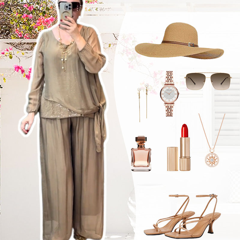 Quirinia - Conjunto de Blusa con Lentejuelas y Pantalones Anchos
