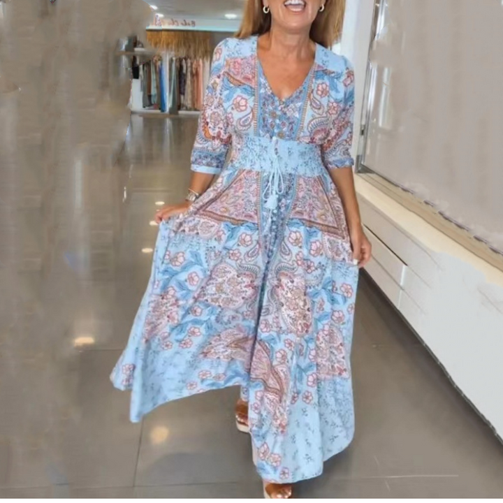 Aliye - Elegante Vestido Largo Con Estampado Floral y Cordón Ajustable