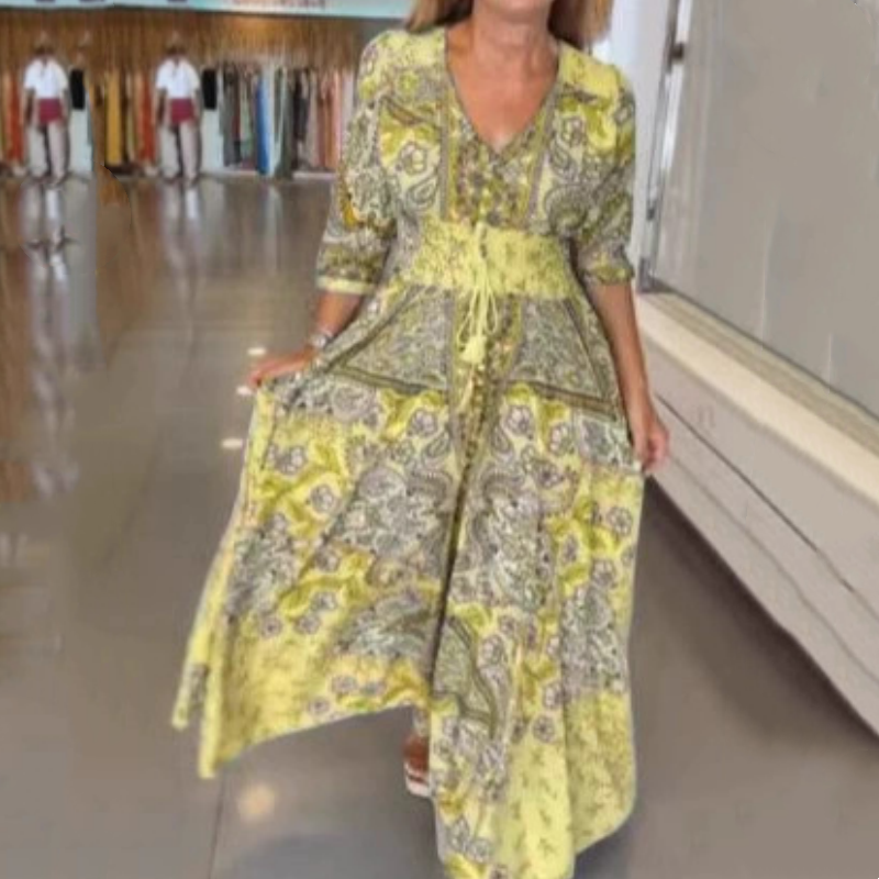Aliye - Elegante Vestido Largo Con Estampado Floral y Cordón Ajustable