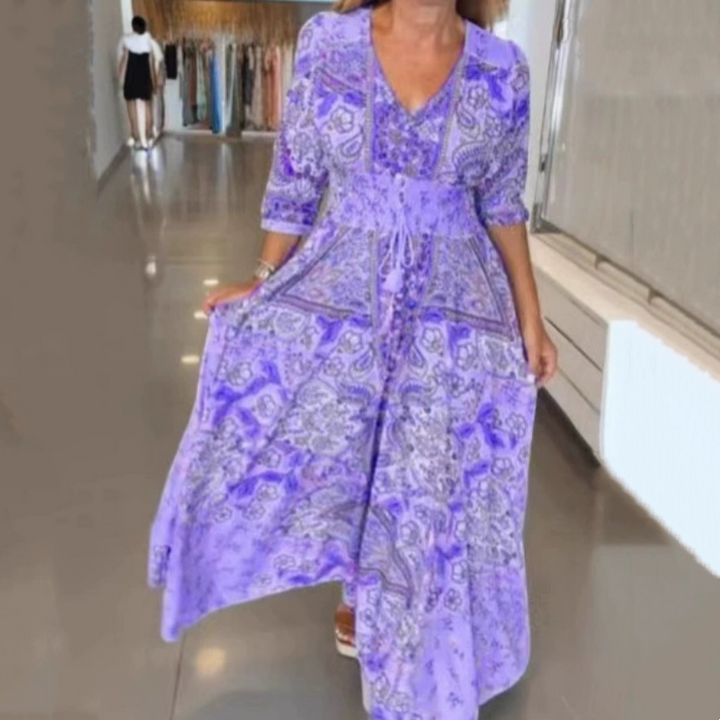 Aliye - Elegante Vestido Largo Con Estampado Floral y Cordón Ajustable