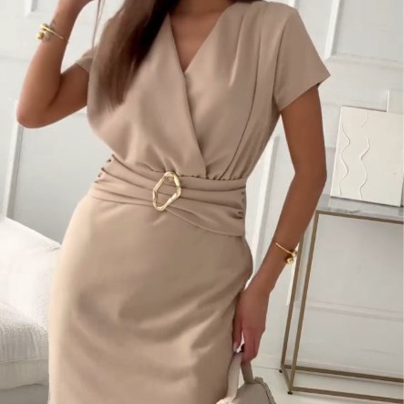 Jaclyn - Vestido Corto De Manga Corta Con Cuello En V Y Cintura Entallada