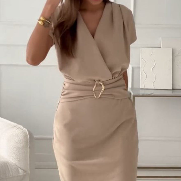 Jaclyn - Vestido Corto De Manga Corta Con Cuello En V Y Cintura Entallada