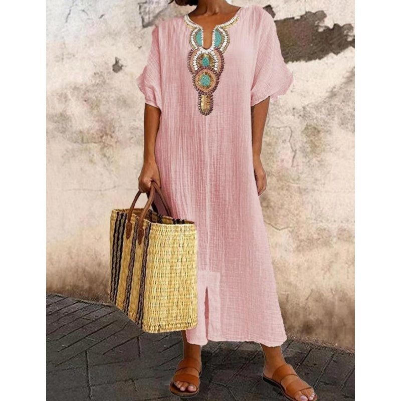 Lioba - Vestido Informal De Lino Bordado Con Abertura Para Mujer