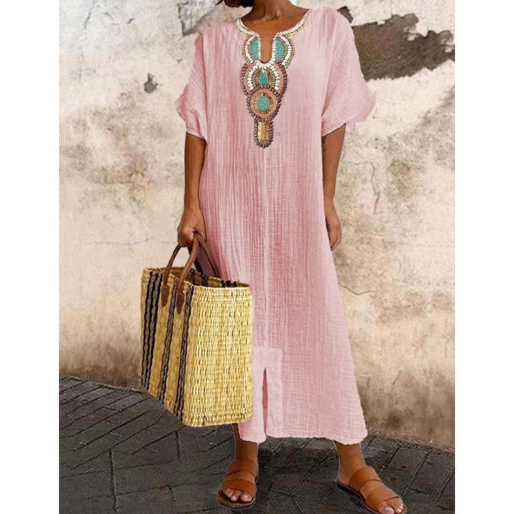 Lioba - Vestido Informal De Lino Bordado Con Abertura Para Mujer