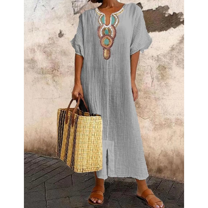 Lioba - Vestido Informal De Lino Bordado Con Abertura Para Mujer