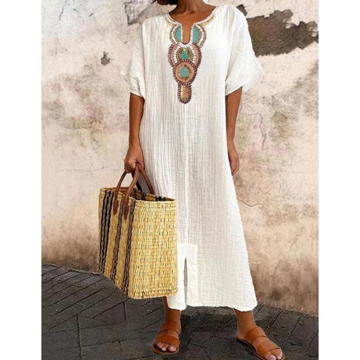Lioba - Vestido Informal De Lino Bordado Con Abertura Para Mujer