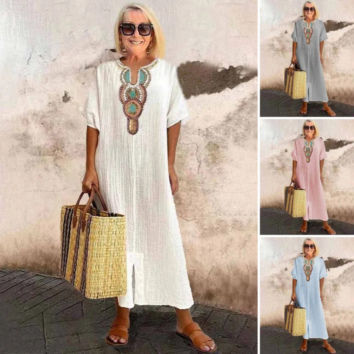 Lioba - Vestido Informal De Lino Bordado Con Abertura Para Mujer