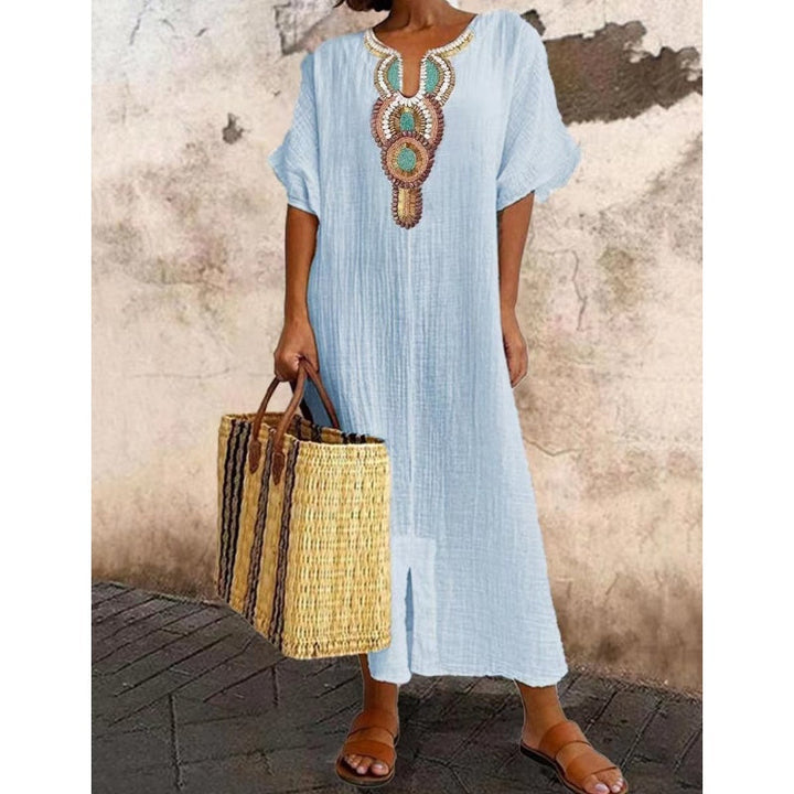 Lioba - Vestido Informal De Lino Bordado Con Abertura Para Mujer