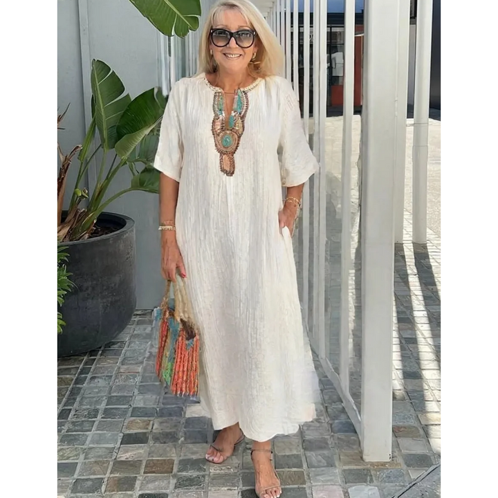 Lioba - Vestido Informal De Lino Bordado Con Abertura Para Mujer