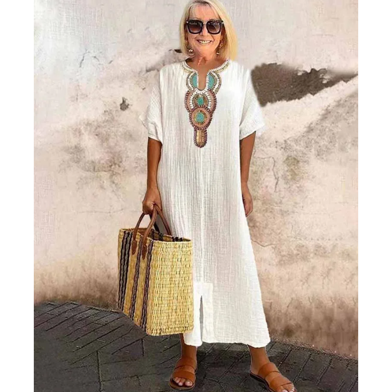 Lioba - Vestido Informal De Lino Bordado Con Abertura Para Mujer