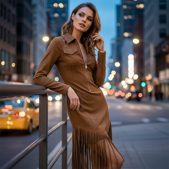 Alira - Vestido MIDI Con Cuello, Flecos Y Cremallera Frontal