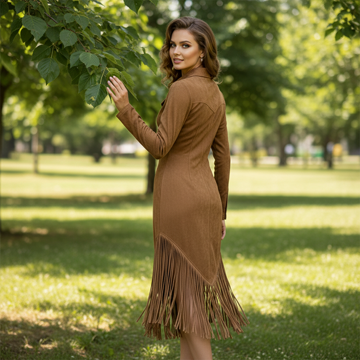 Alira - Vestido MIDI Con Cuello, Flecos Y Cremallera Frontal