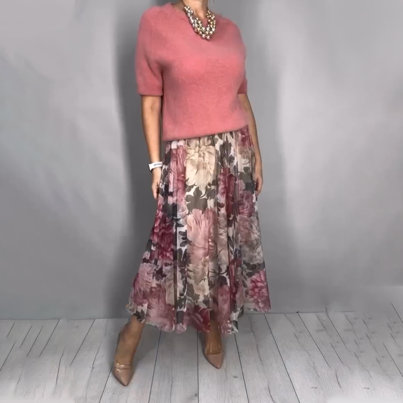 Nirosha - Elegante Top de Punto Con Estampado Floral y Falda Midi