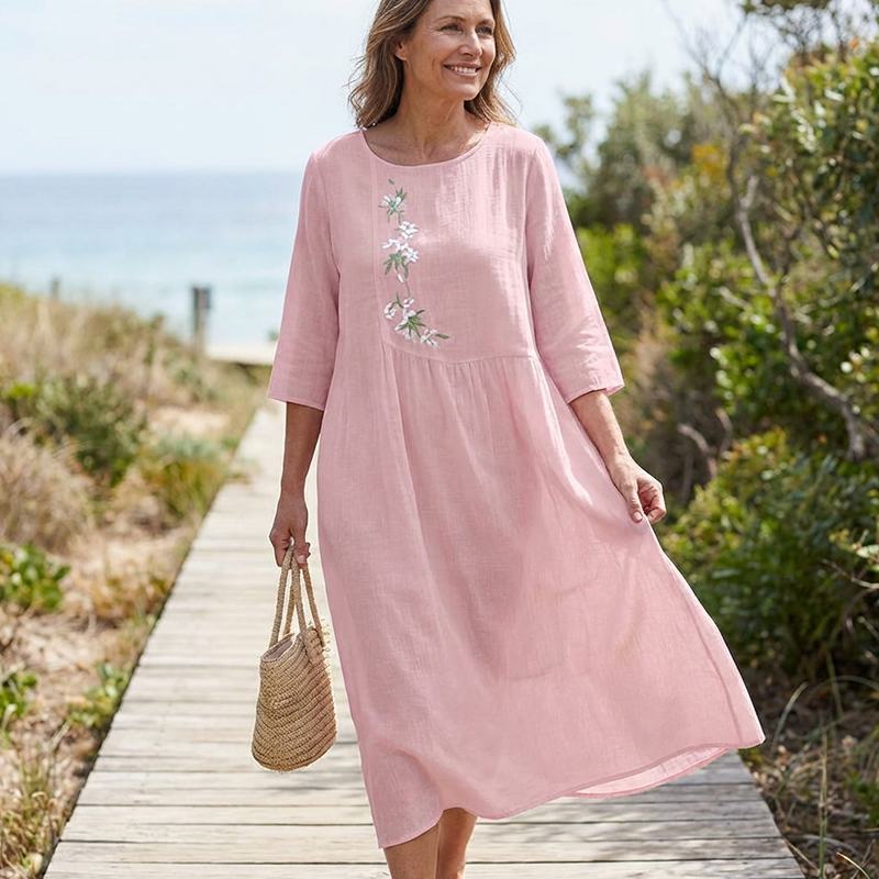 Molaka - Cómodo Vestido Midi De Lino Bordado
