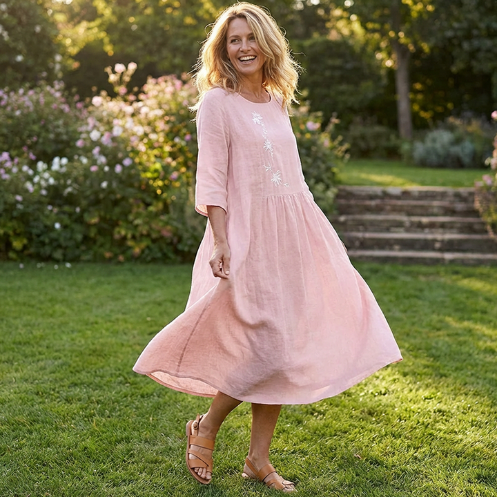Molaka - Cómodo Vestido Midi De Lino Bordado