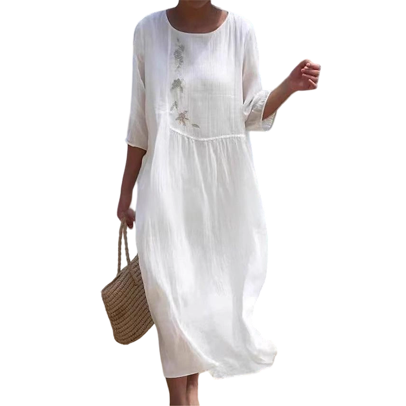 Molaka - Cómodo Vestido Midi De Lino Bordado