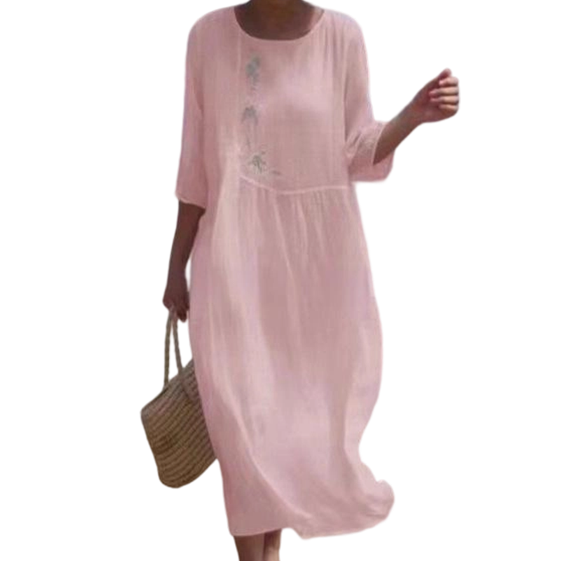 Molaka - Cómodo Vestido Midi De Lino Bordado