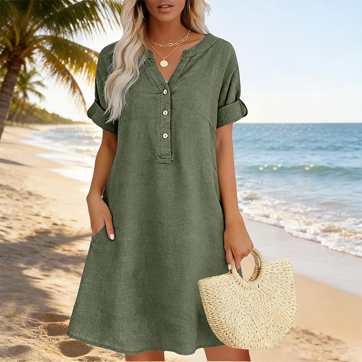 Jolande - Vestido Túnica Con Cuello en V y Bolsillos