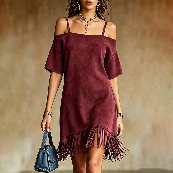 Lewina - Vestido Con Tirantes, Hombros Al Aire y Flecos
