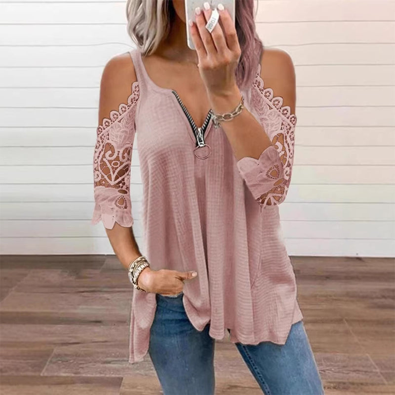 Palchuk - Elegante Blusa De Encaje Con Hombros Al Aire