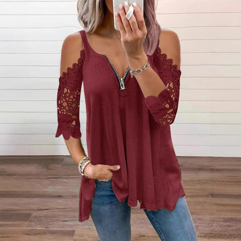 Palchuk - Elegante Blusa De Encaje Con Hombros Al Aire