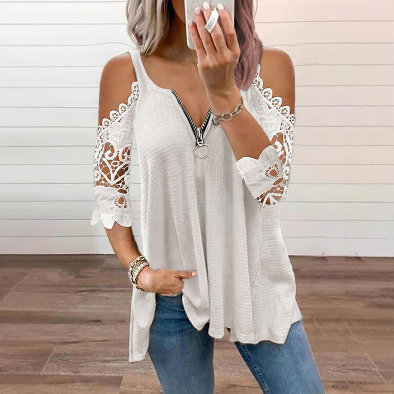 Palchuk - Elegante Blusa De Encaje Con Hombros Al Aire