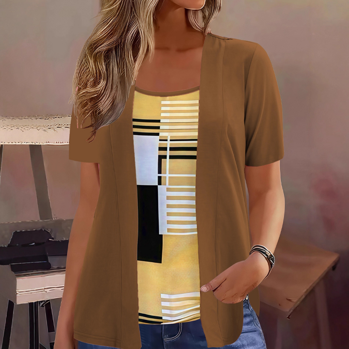 Thaminia - Camiseta De Manga Corta Con Capas Y Estampado Geométrico