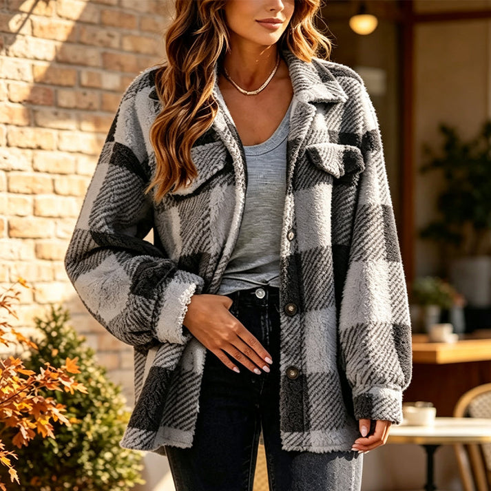 Jolainne - Cómoda Chaqueta a Cuadros Con Botones