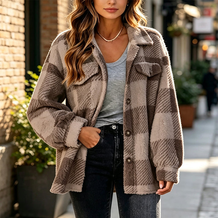 Jolainne - Cómoda Chaqueta a Cuadros Con Botones