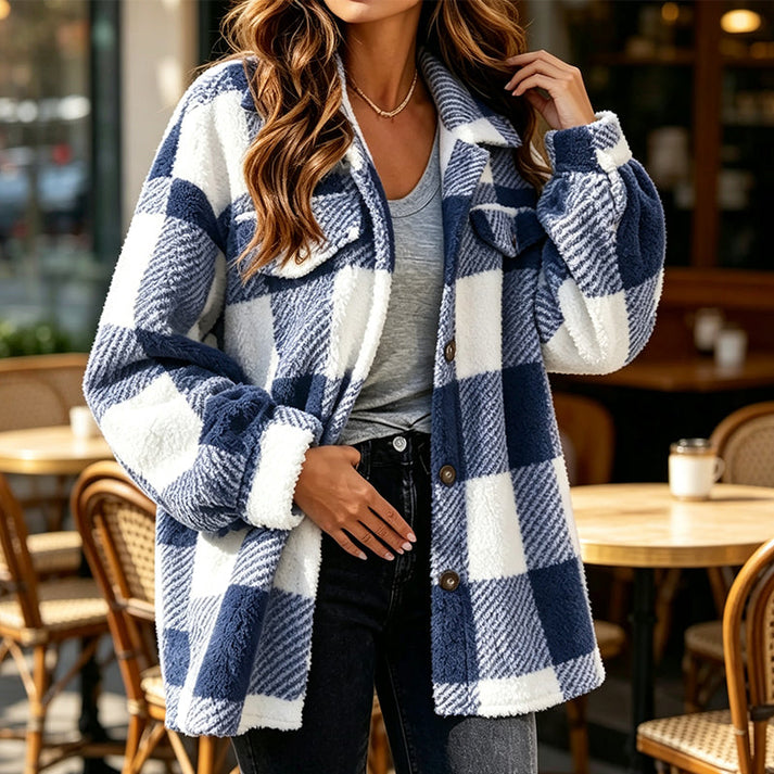 Jolainne - Cómoda Chaqueta a Cuadros Con Botones