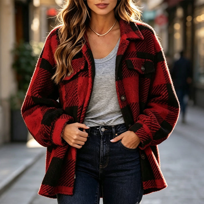 Jolainne - Cómoda Chaqueta a Cuadros Con Botones