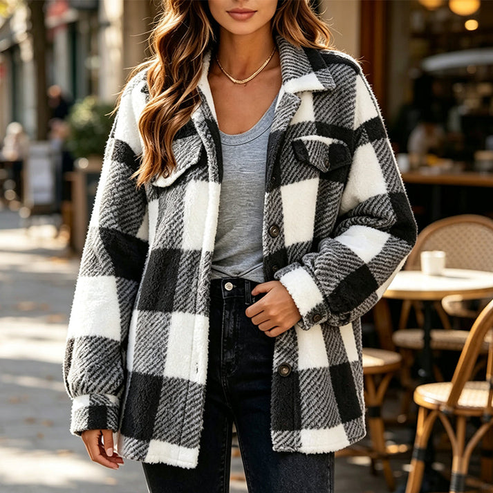Jolainne - Cómoda Chaqueta a Cuadros Con Botones