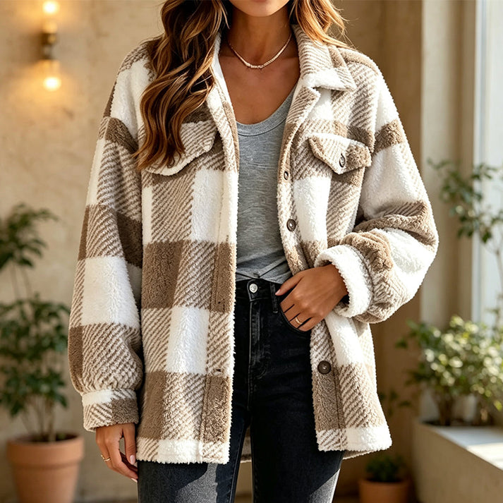 Jolainne - Cómoda Chaqueta a Cuadros Con Botones