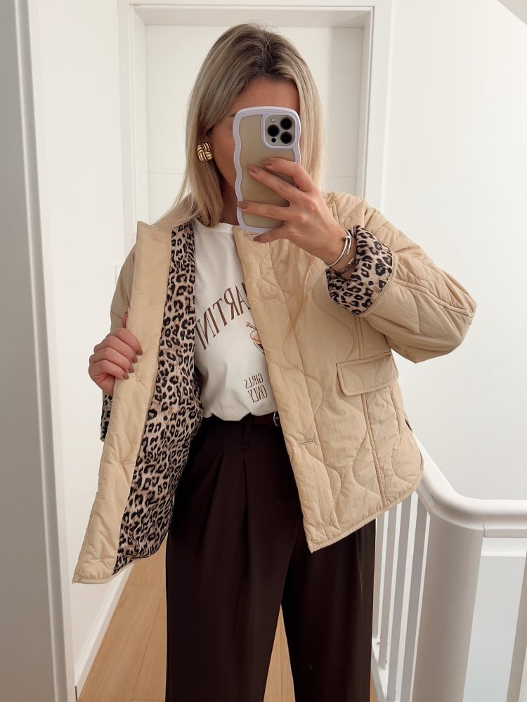 Jaerene - Elegante Chaqueta Con Forro y Estampado De Leopardo